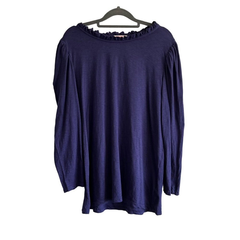 Sundry‎ 100% Pima Cotton Long Sleeve Top Ruffle Neckline Navy Size 3